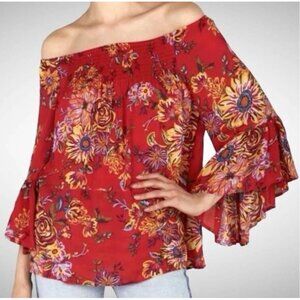 BeachLunchLounge  Red Off-Shoulder Floral Smocked Boho Top With Bell Sleeves Siz